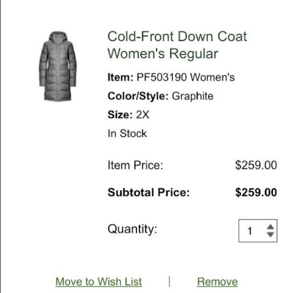 LLBean Cold-Front down coat, grey size 2X